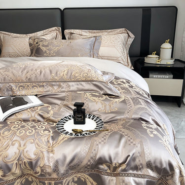 Luxury Gold Baroque Satin European Patchwork Jacquard Duvet Cover Set, 1000TC Egyptian Cotton Bedding Set